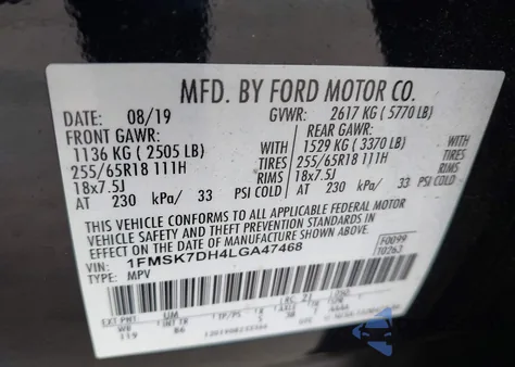 2020 Ford Explorer Xlt from USA, damaged, VIN 1FMSK7DH4LGA47468